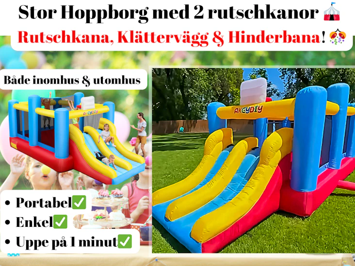 Stor hoppborg med 2 rutschkanor & basketkorgar – perfekt för barnkalas! 🎉