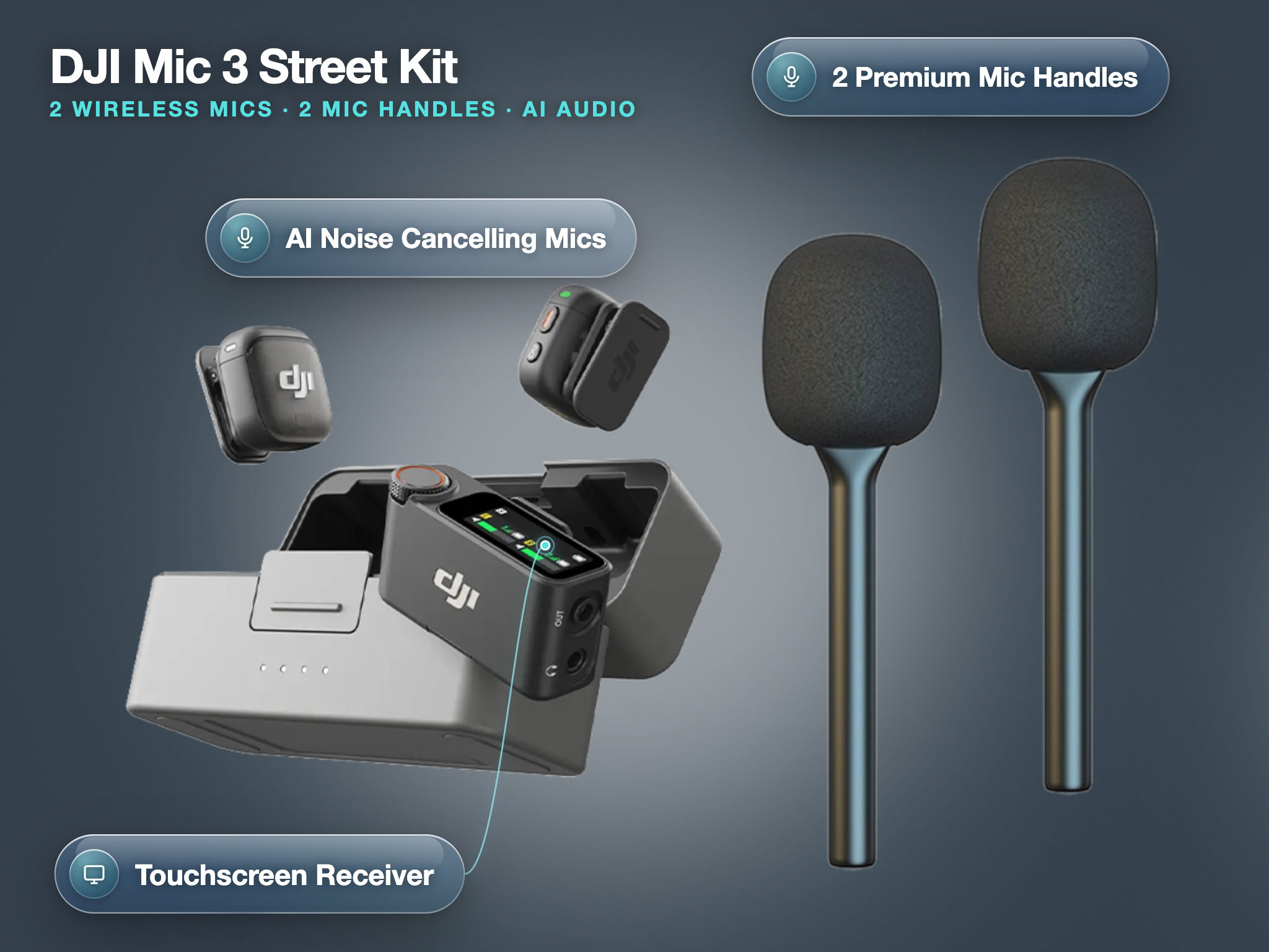 Dji mic 3 street interview kit with 2 premium mic handles and ai noise cancellin
