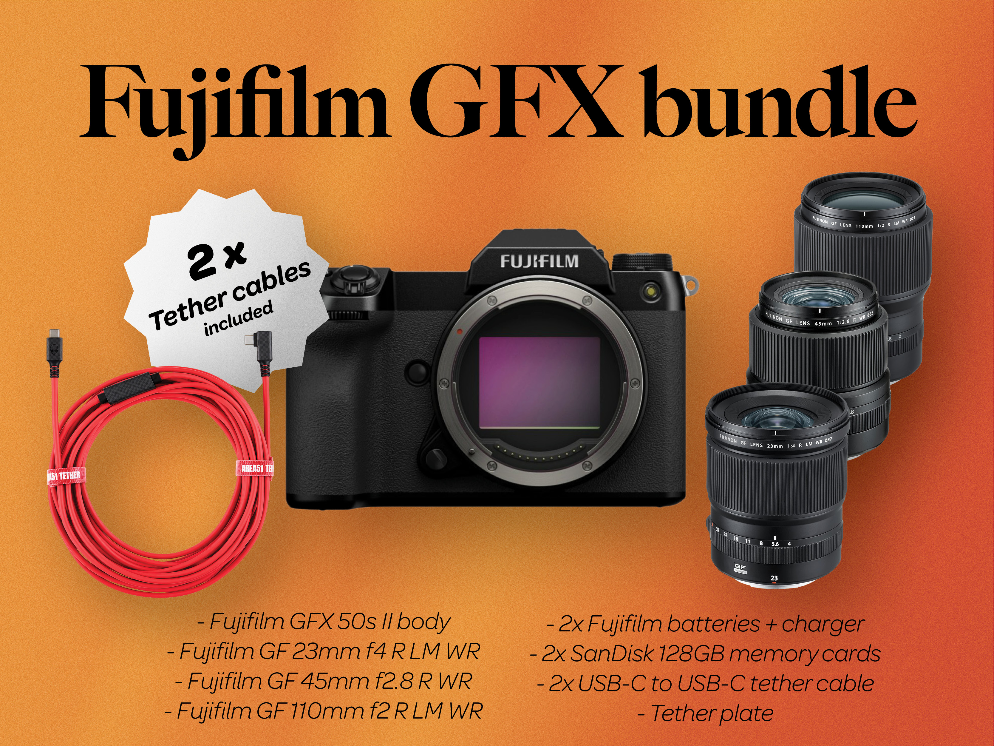 Fuji fujifilm gfx 50s ii + gf 23mm f4 + gf 45mm f2.8 + gf 110mm f2 lenses