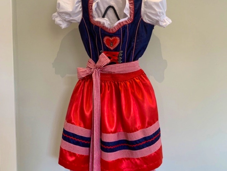 Dirndl storlek 38, blå-röd knäkort