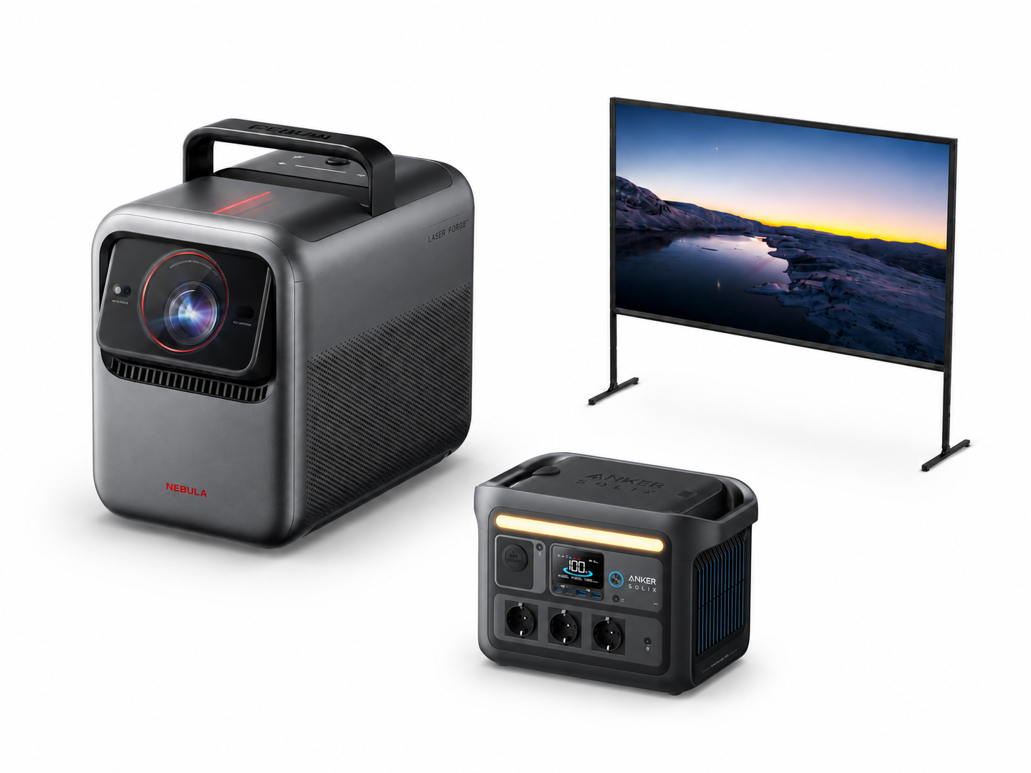 Videopakke med 4k-laserprojektor, 100" lerret og batteristrøm