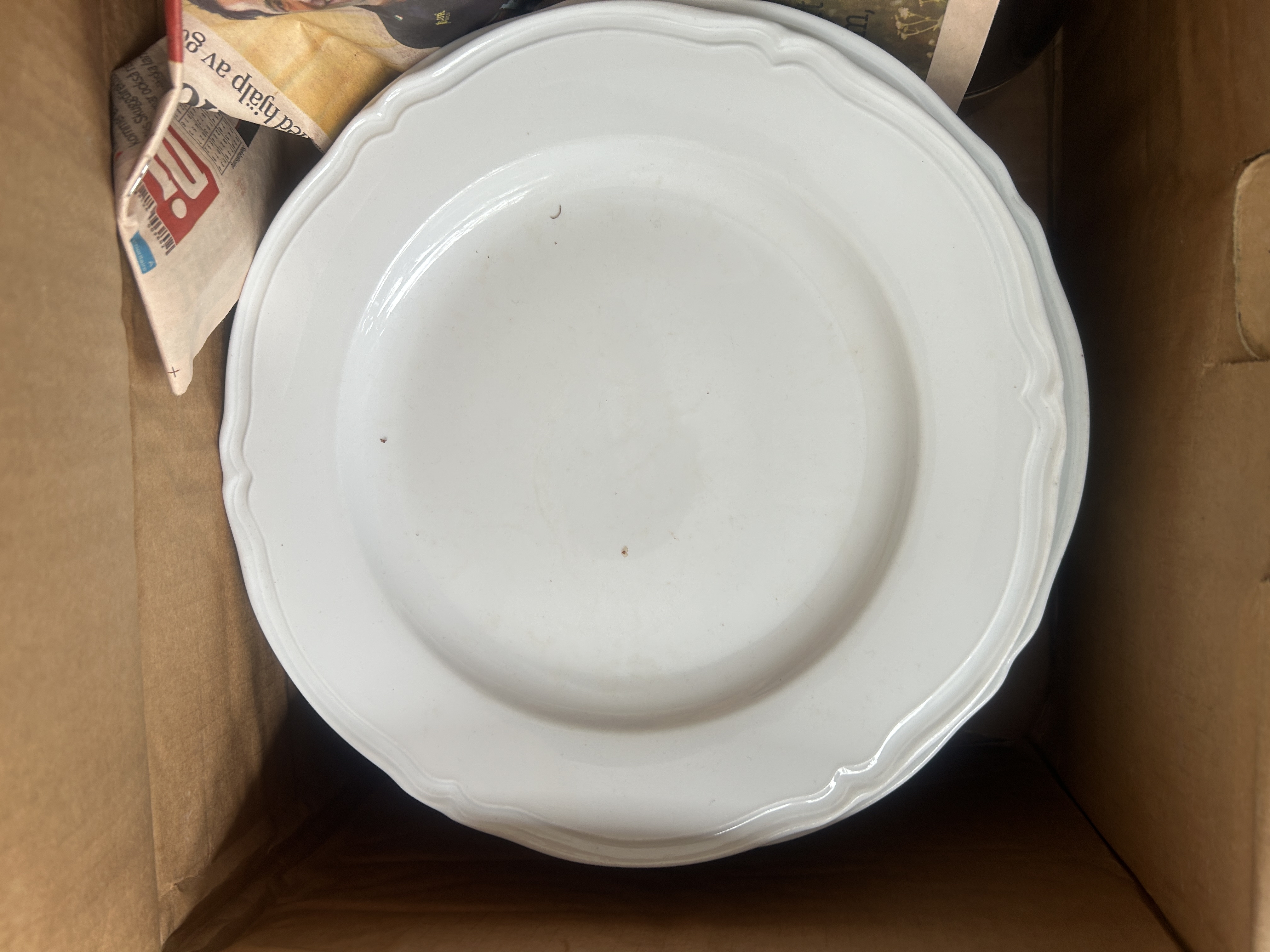 15st stora vita porslintallrikar med mönstrad kant