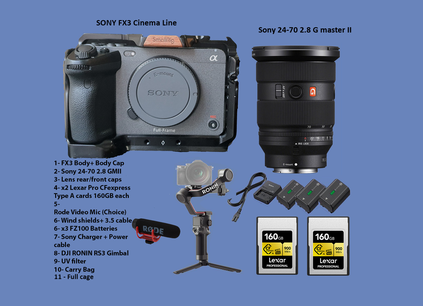 Sony fx3 cinema camera fe 24-70 2.8gmii, ronin rs3