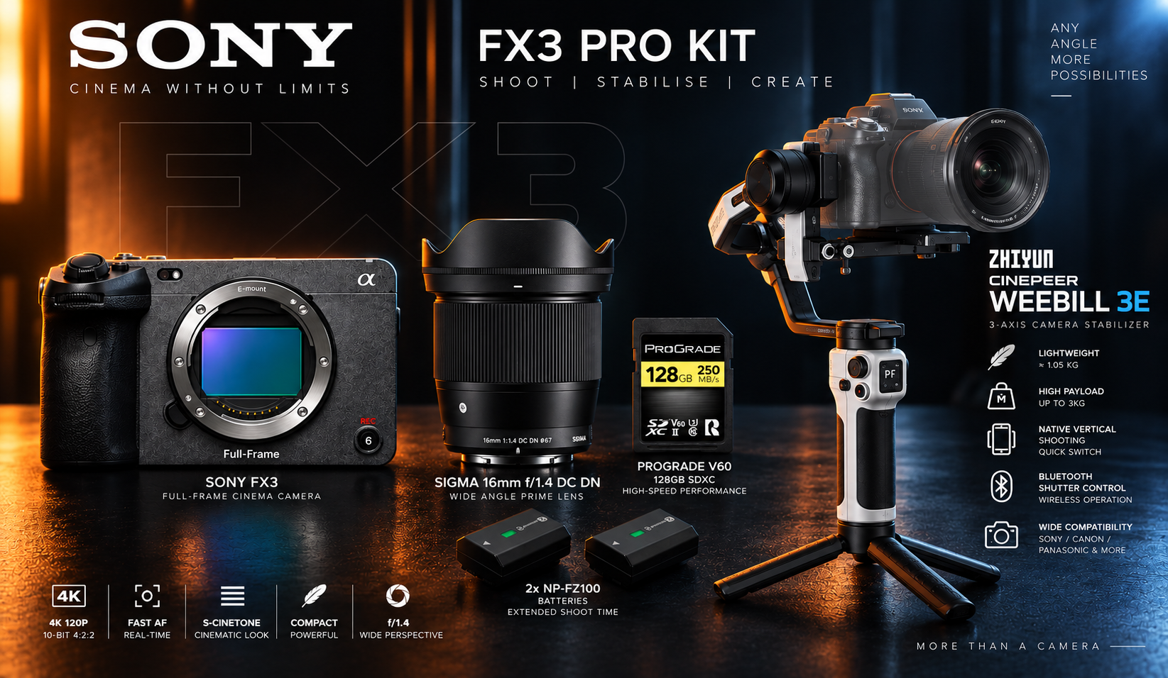 Sony fx3+ 16mm sigma f/1.8 + zhiyun cinepeer gimabl