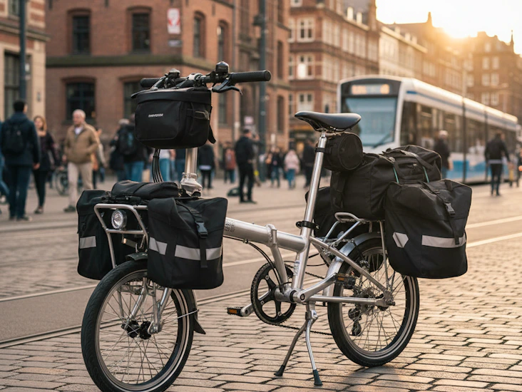 Small/medium wheel folding bike with tonnes of accessories suitable for up to 6 foot 4 inch adult.