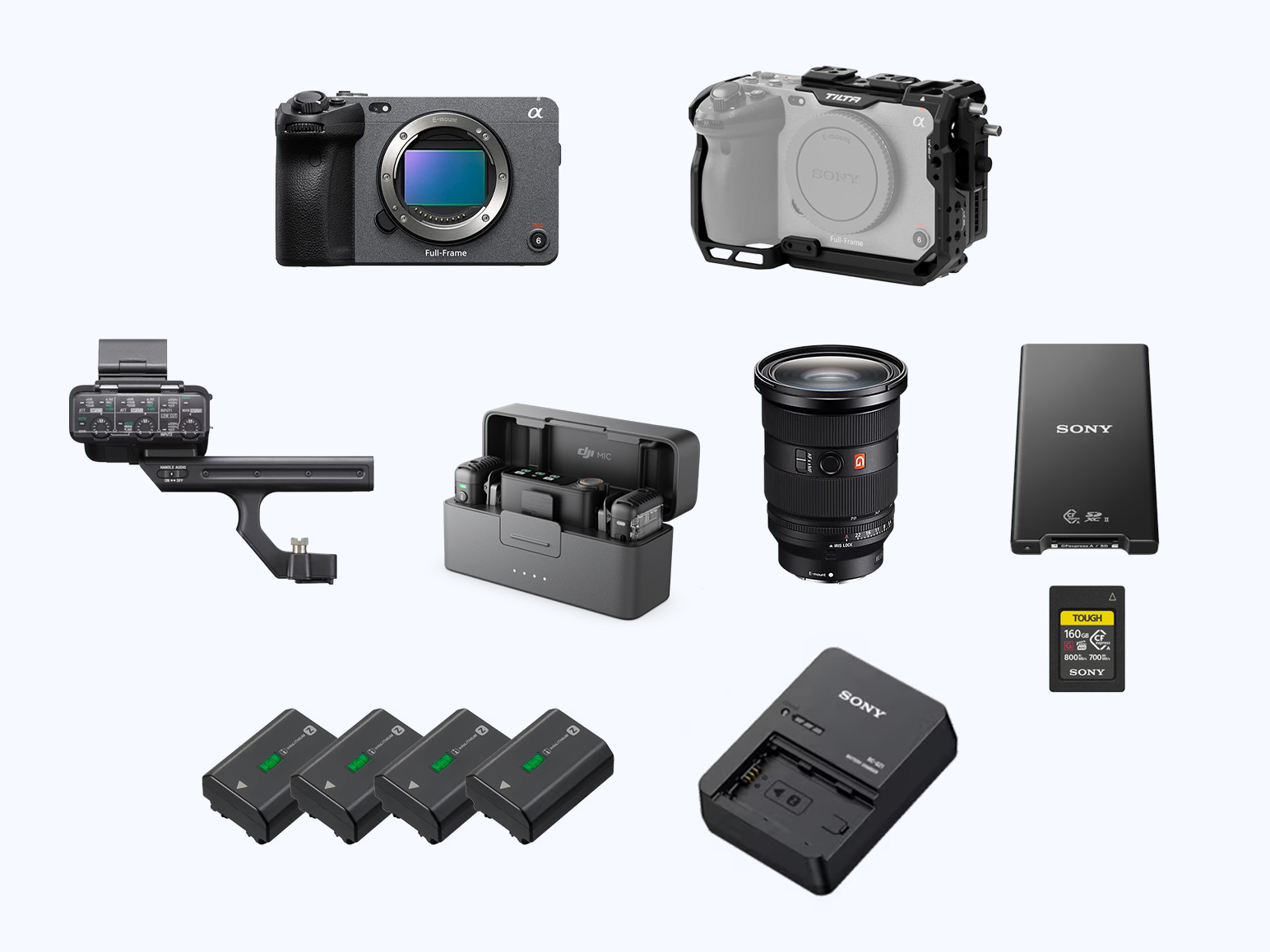 Sony fx3 cinema kit w/ sony fe 24-70mm f/2.8 gm ii, xlr handle, 4 batteries, cfexpress + peli case