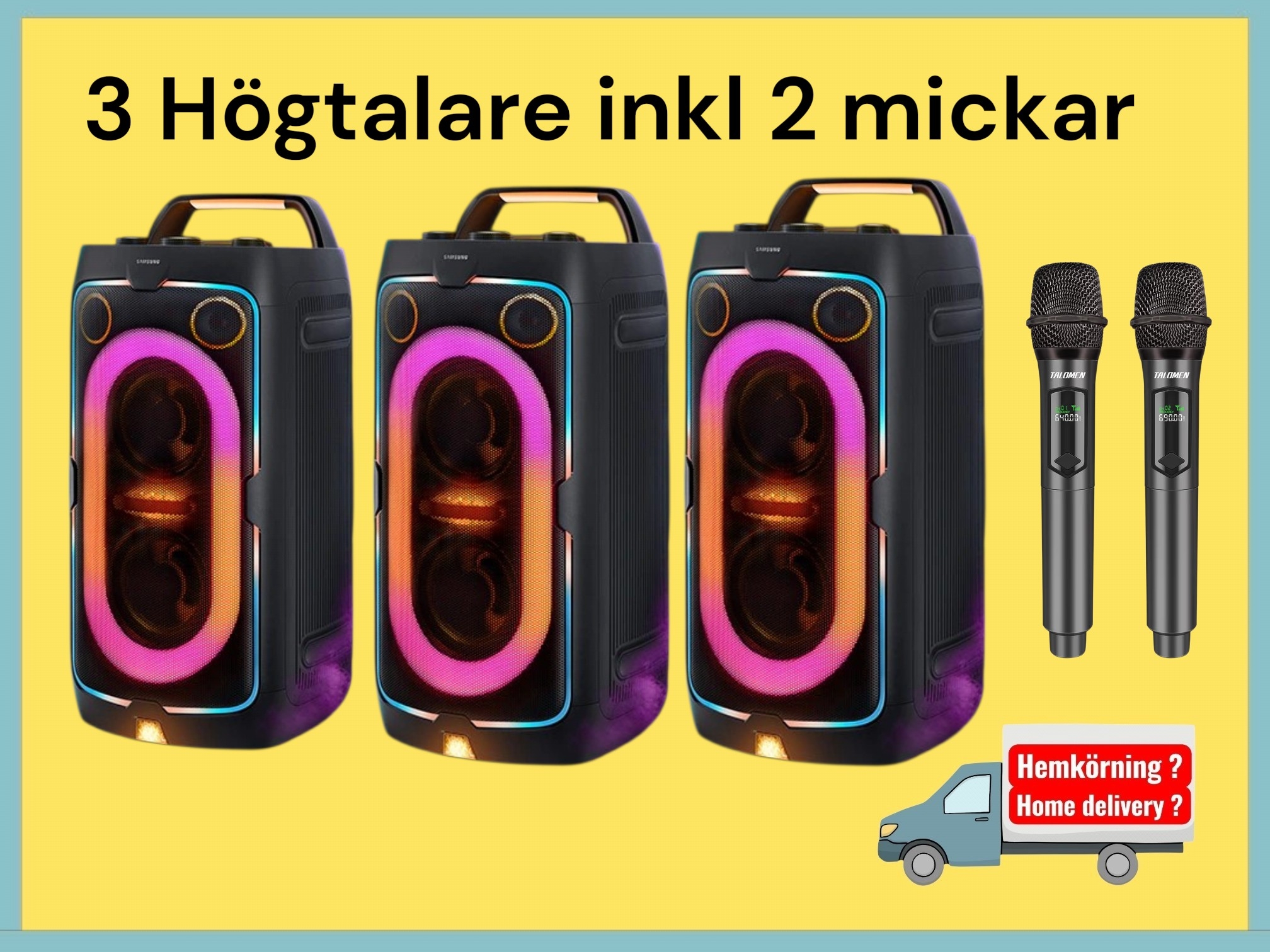 3 stycken bärbara samsung högtalare 160w 12 tim batteri eller 220v inkl 2 mikrofoner