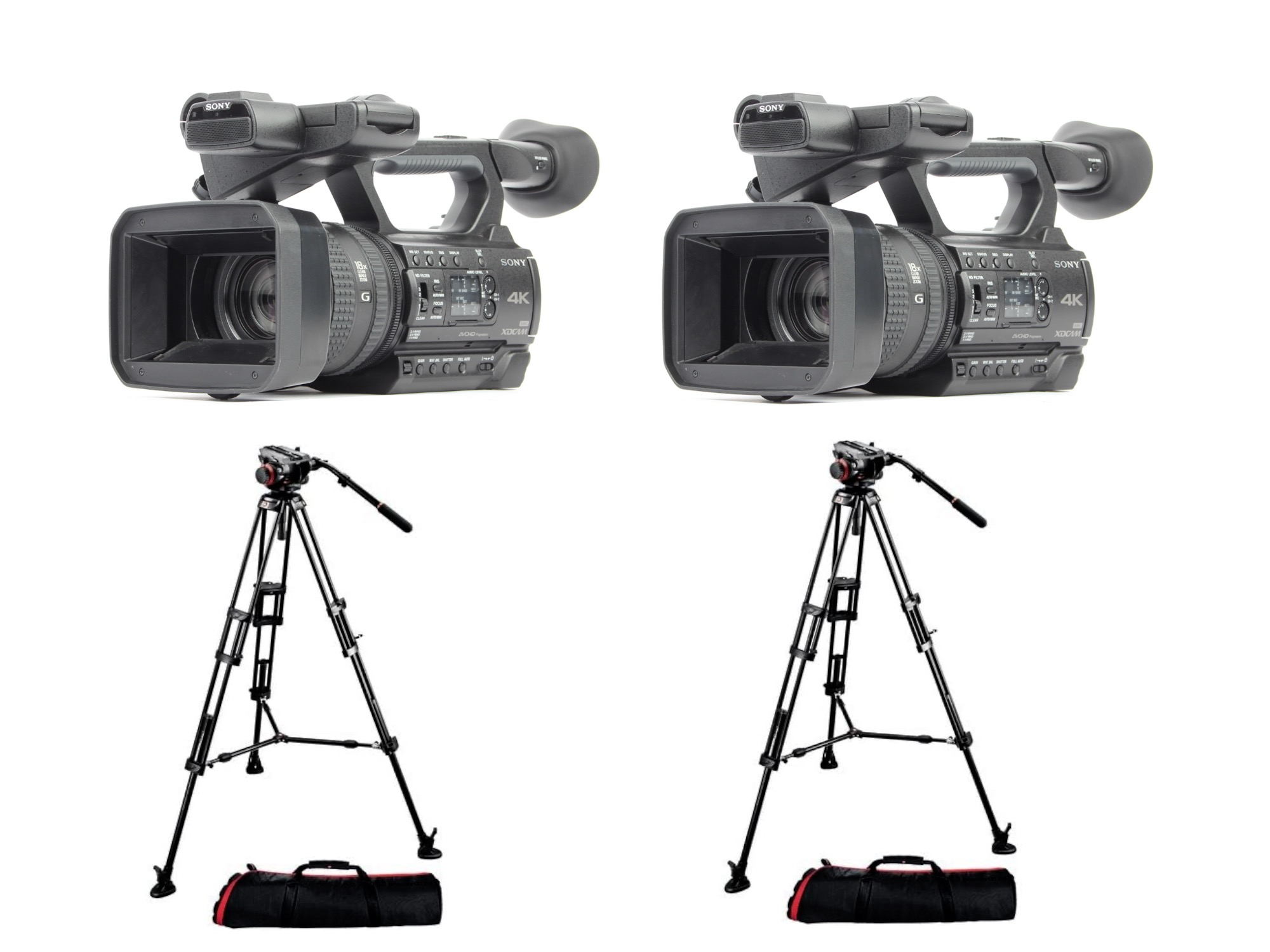2x sony pxw-z150 4k hdr camcorder kit + manfrotto video tripods sdi