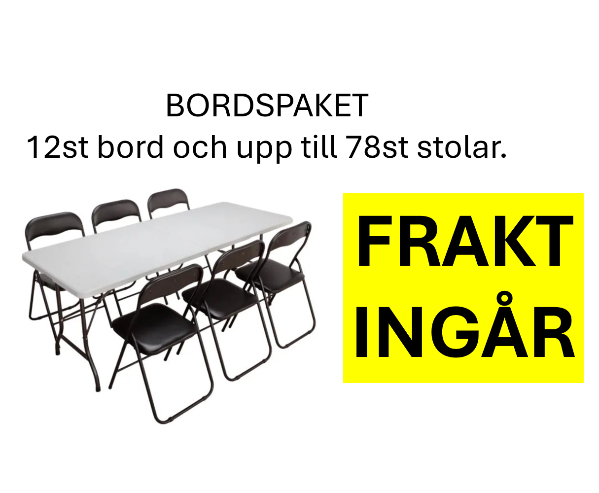 Bordspaket 78personer. 12st bord och 78st stolar. utkörning och hämtning ingår.