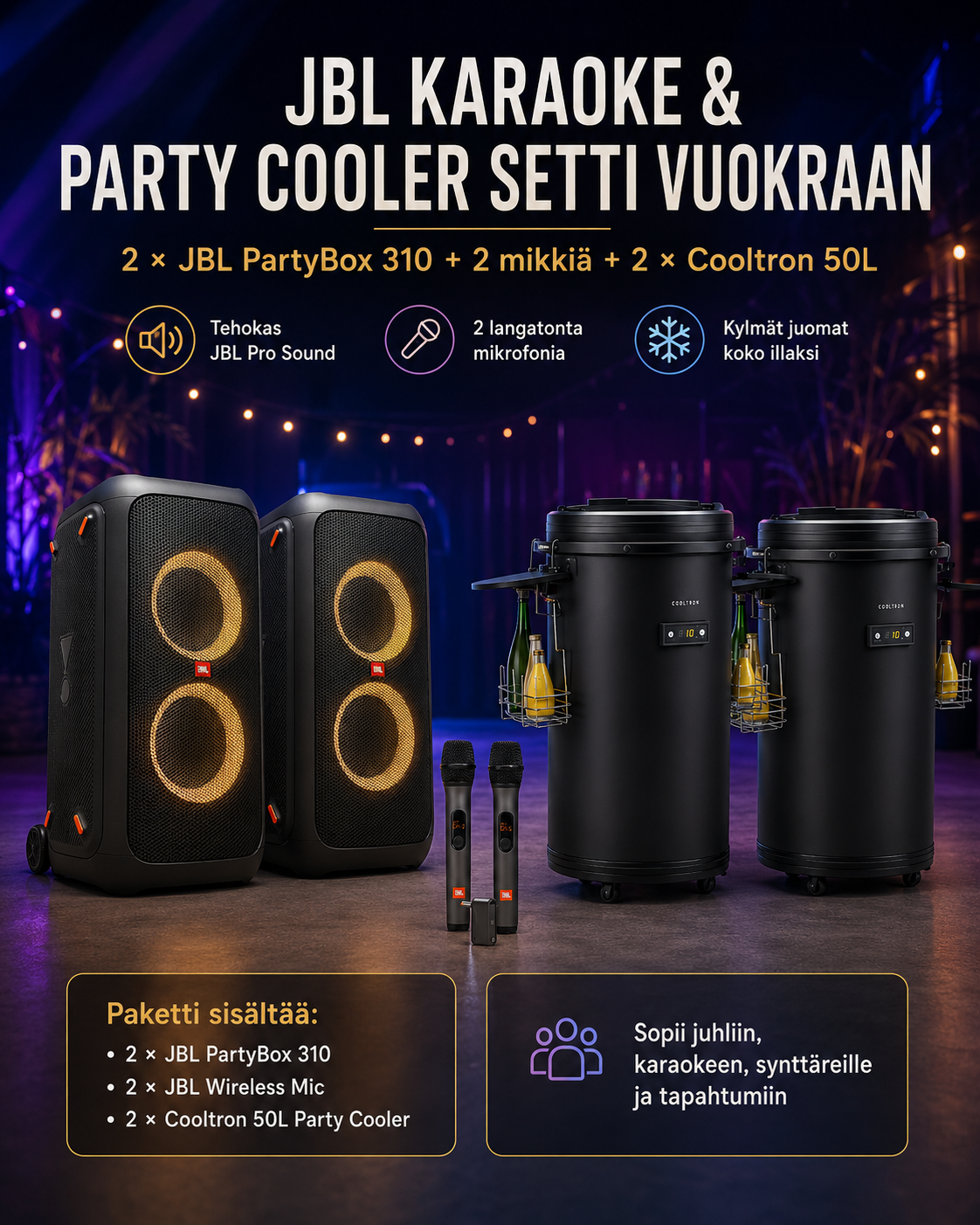 Jbl karaoke + 2 × cooltron party cooler -juhlapaketti vuokraan ✨🧊🎤