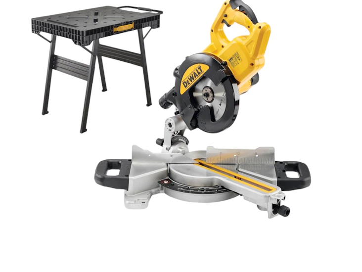 Mitre saw + folding workbench dewalt 240v slide mitre saw home office garden diy power tools