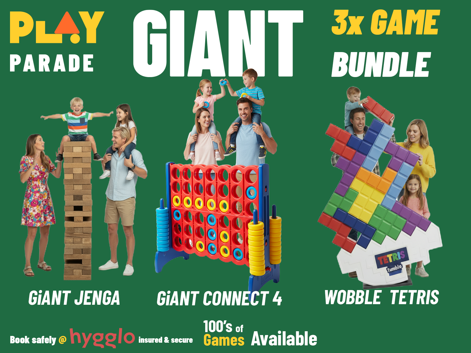 Giant garden games bundle – giant jenga, giant connect 4 & wobble tetris | party & birthday hire