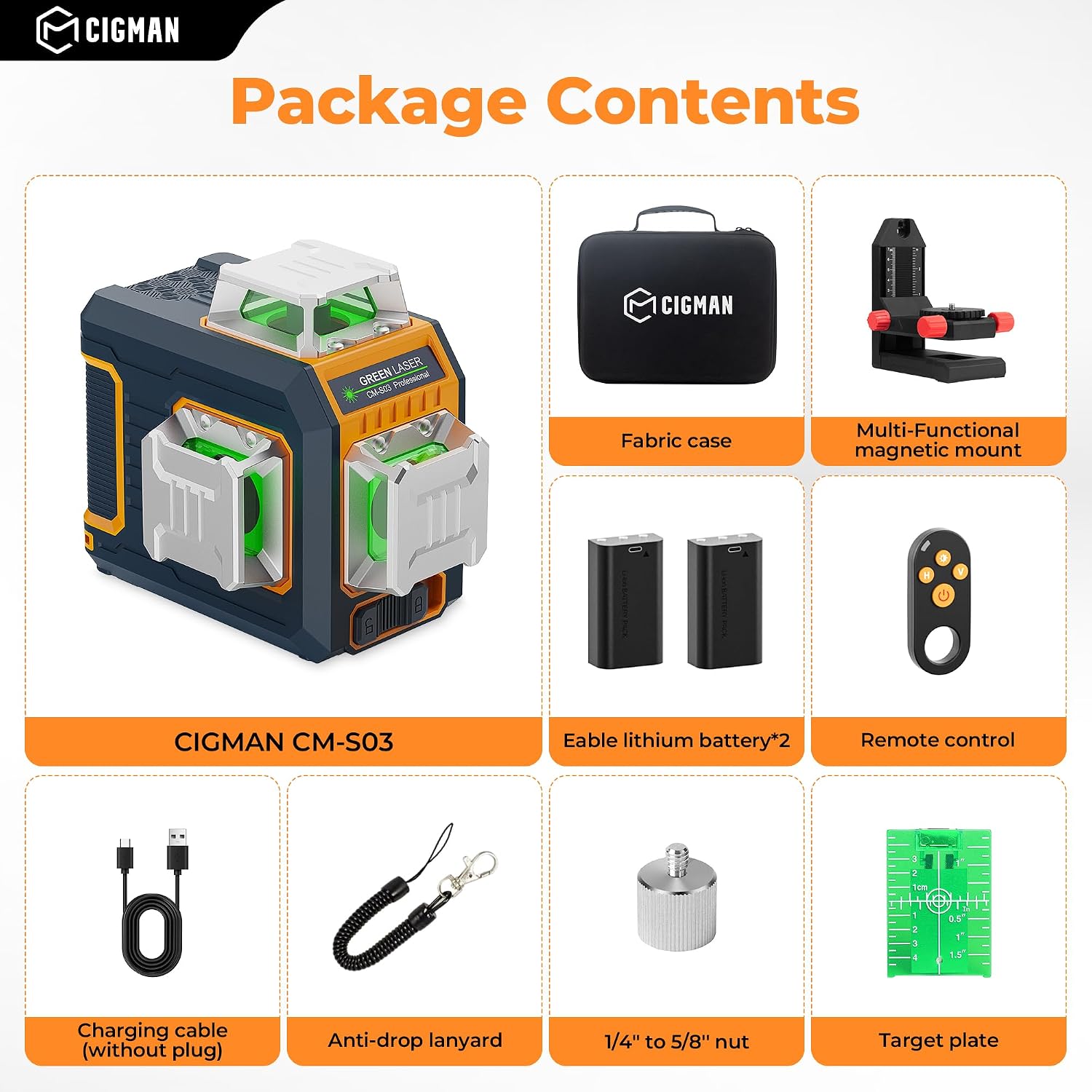 Cigman cm-s03 12-line green laser level 3×360° — self-levelling (like huepar 3d 12 lines / dewalt dw089lg / bosch gll3-330cg) — delivery available
