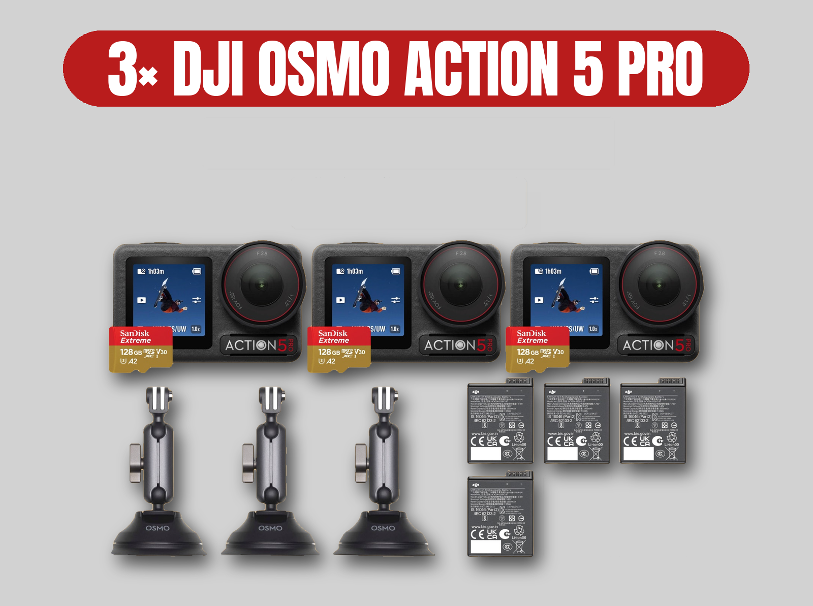 3x dji osmo action 5 pro kit with suction mounts | action camera / 4k / pov / vlog / motorsports / extreme camera / dji / osmo / action 5 / action5 pro