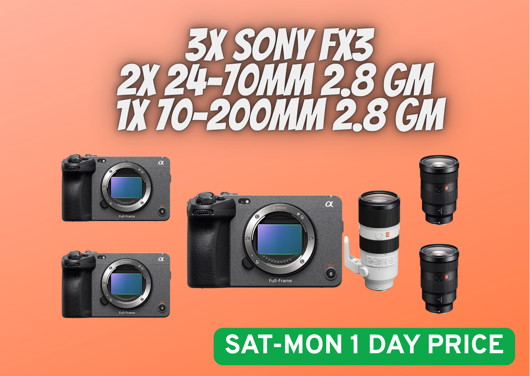 3x sony fx3 + 2x 24-70mm + 1x 70-200mm 2.8 gm lens 3x 320gb cf cards bundle special offer best price