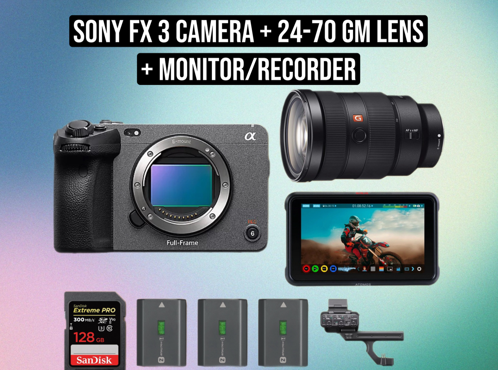 Sony fx3 fx-3 cinema camera + 24-70mm gm g master lens + atomos ninja v 4k  pro res  monitor recorder | full frame 4k mirrorless cinema camera  (sony fx3 / fx-3 / cinema camera / full frame / 4k / mirrorless / gm / g master / g-master / 24-70 / monitor / recorder )