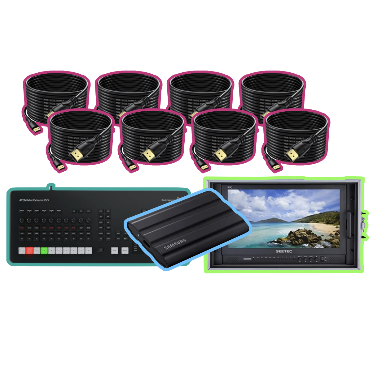 Blackmagic atem mini extreme iso g2 + 8x 10m hdmi cables + 16" monitor + 2tb ssd