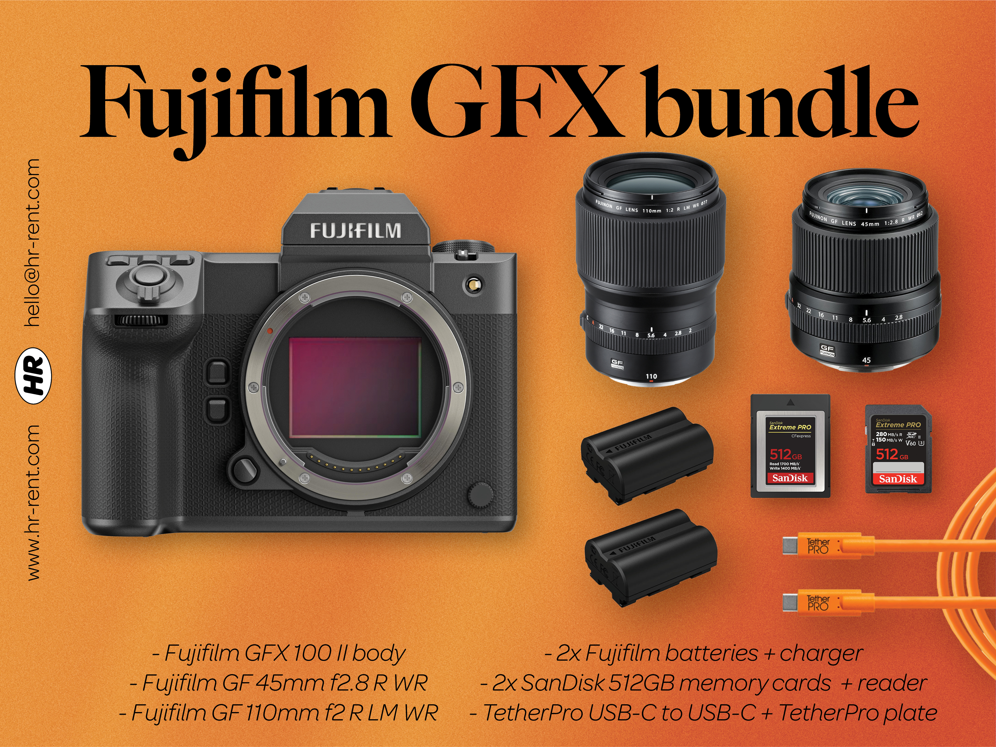 Fuji fujifilm gfx 100 ii medium format + gf 45mm f2.8 + gf 110 f2 lenses