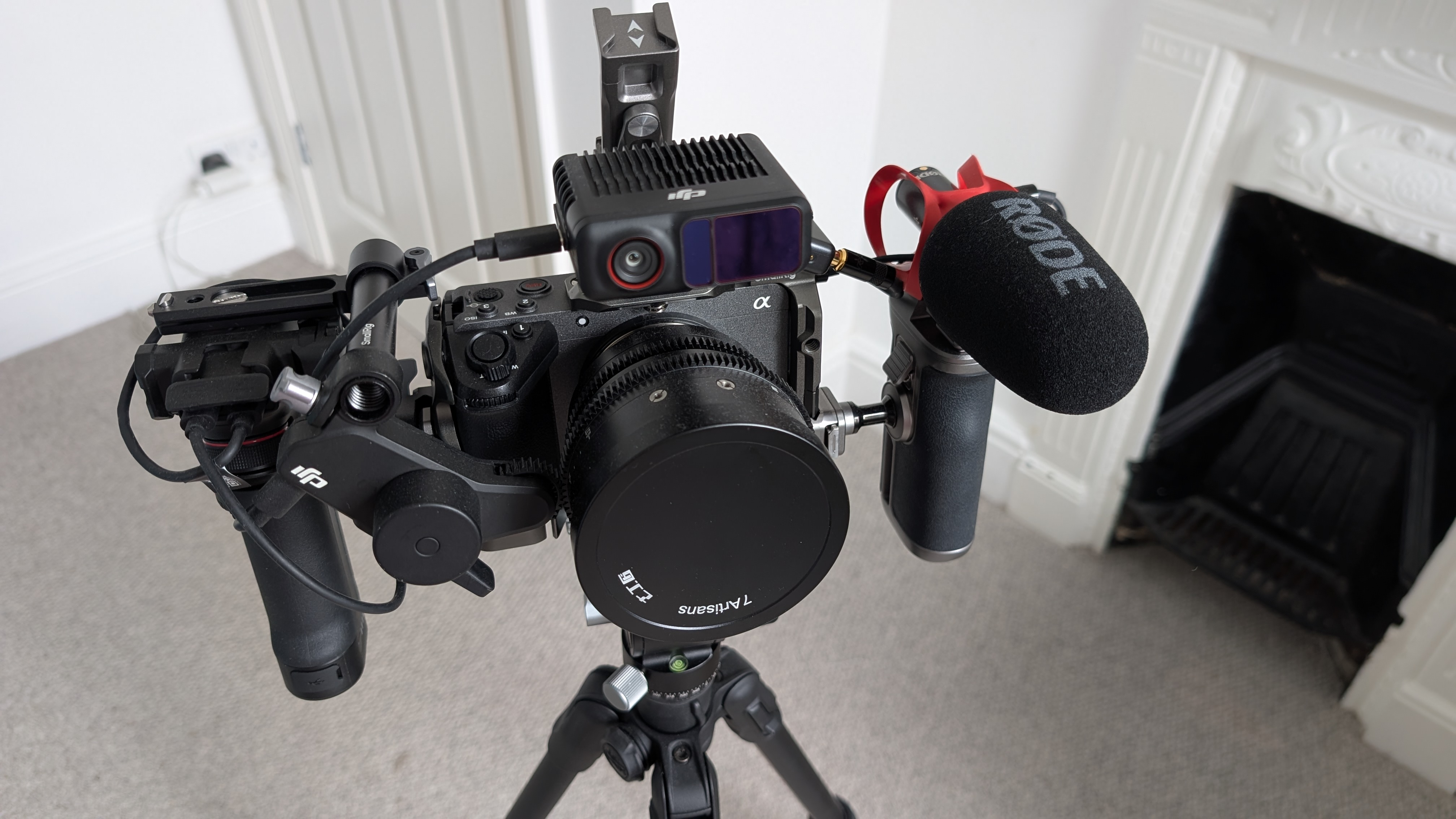 Sony fx30 with 35mm cine lens, dji focus pro, and smallrig cage and handle, 