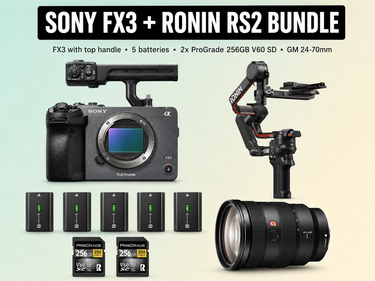 Sony fx3 cinema package + sony g master 24-70mm lens + dji rs2 gimbal