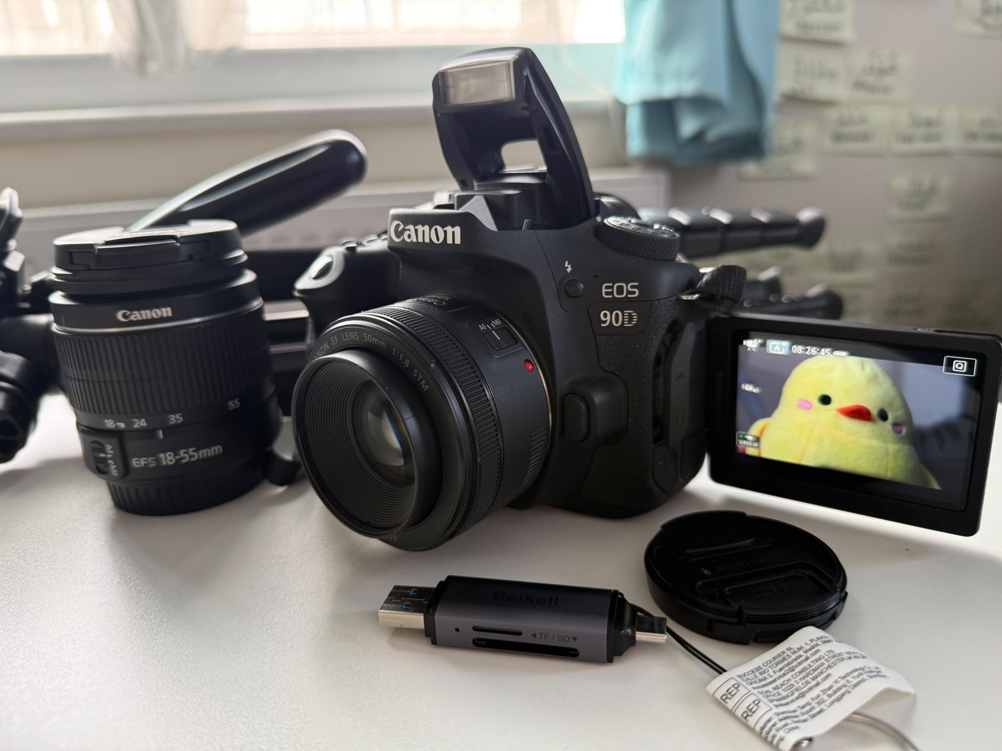 Canon eos 90d kit with ef 50mm f/1.8 stm lens + bonus 18-55mm lens  - perfect for photo and video shoots (base and strap + 128 gb sd +  card reader + 2 lens + battery + charge dock + camera bag)