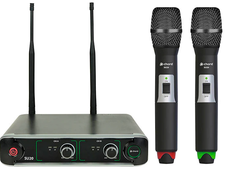 Dj dual uhf wireless microphone system with a compact receiver