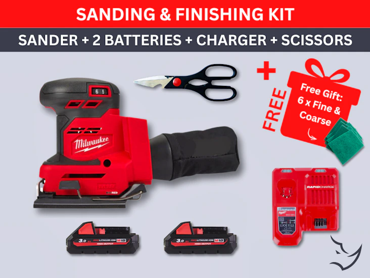 Milwaukee sander + 2 batteries + charger + scissors, sanding & finishing kit, set