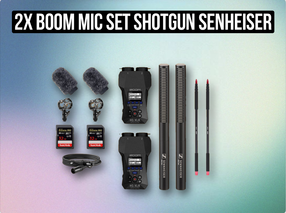 2x boom mic set shotgun senheiser rode mics mke 600 + audio recorder, sd card, xlr cable, boom pole