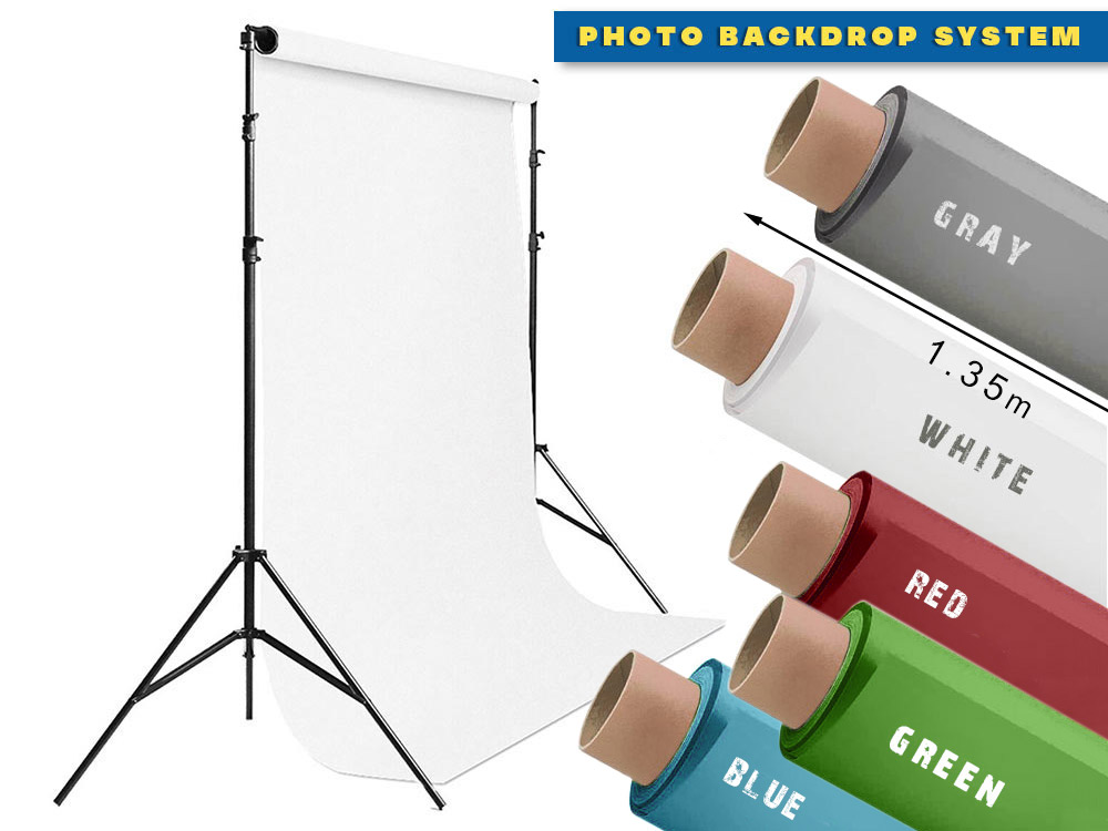 Studio background support system + white gray blue red green screen colorama backdrop