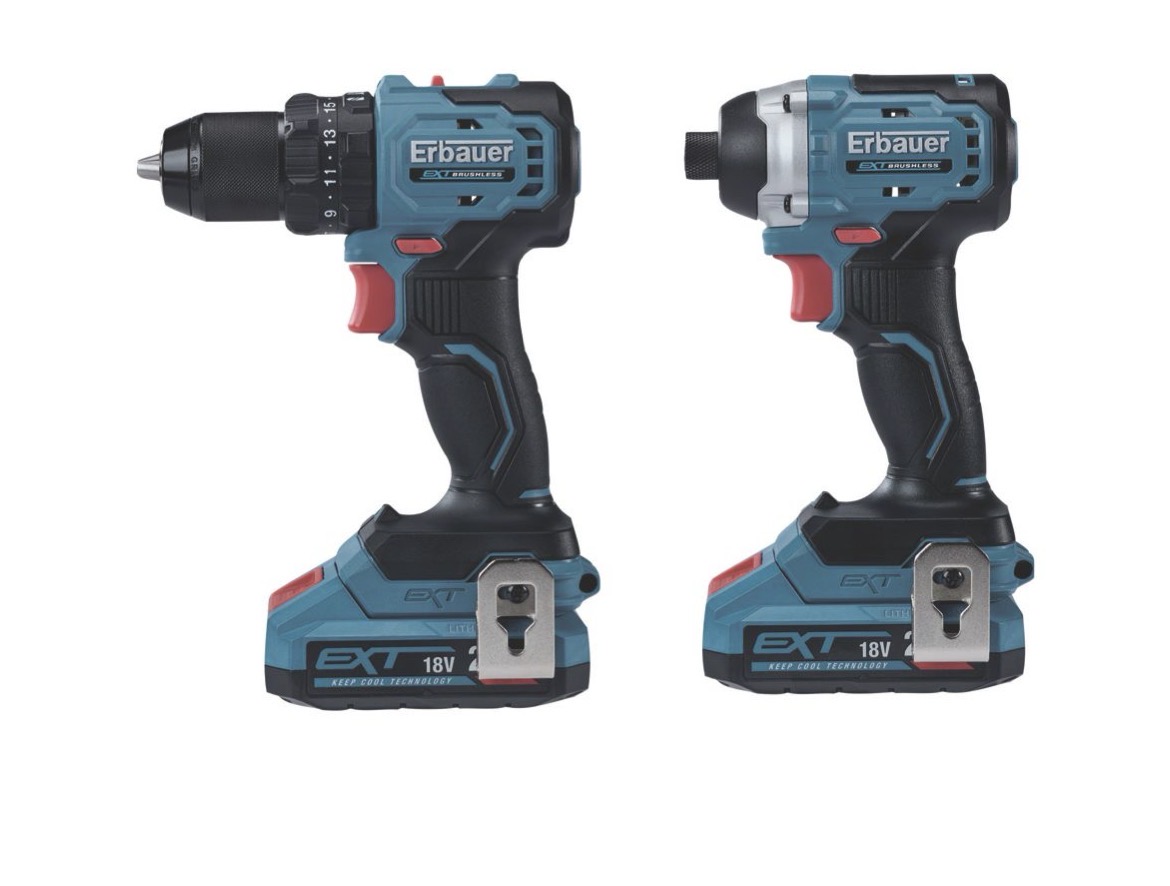 Erbauer  18v 2 x 2.0ah li-ion ext brushless cordless combi drill & impact driver twin pack