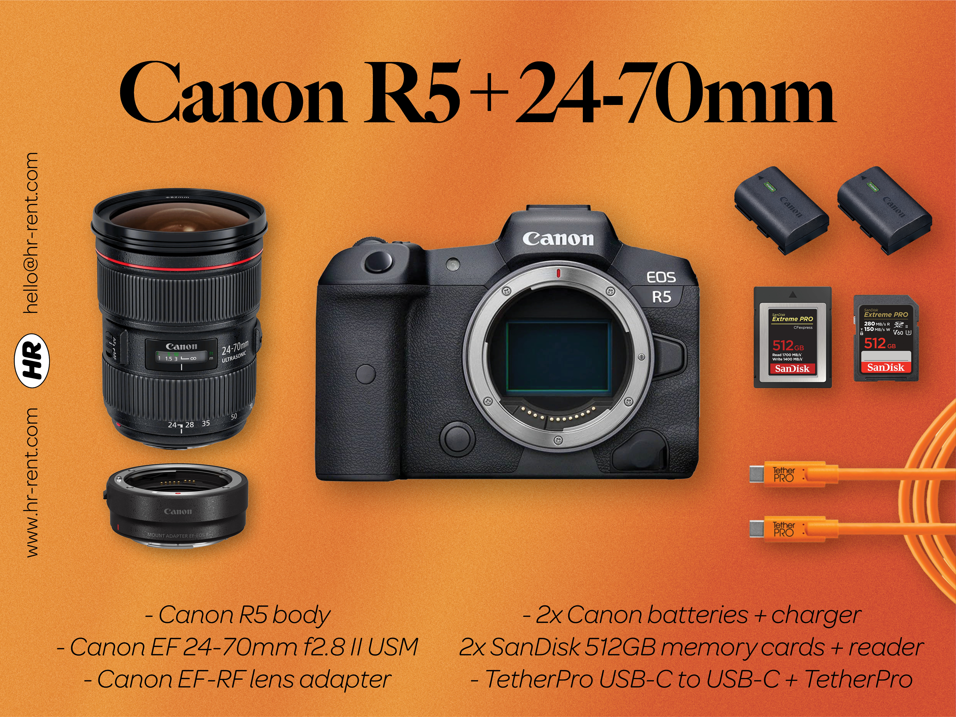 Canon r5 body + canon ef 24-70mm f2.8 usm ii + canon ef-rf lens adapter