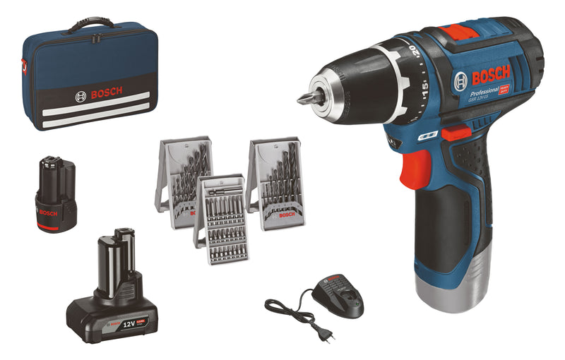 Bosch drill gsr 12v-15 + bits og bor