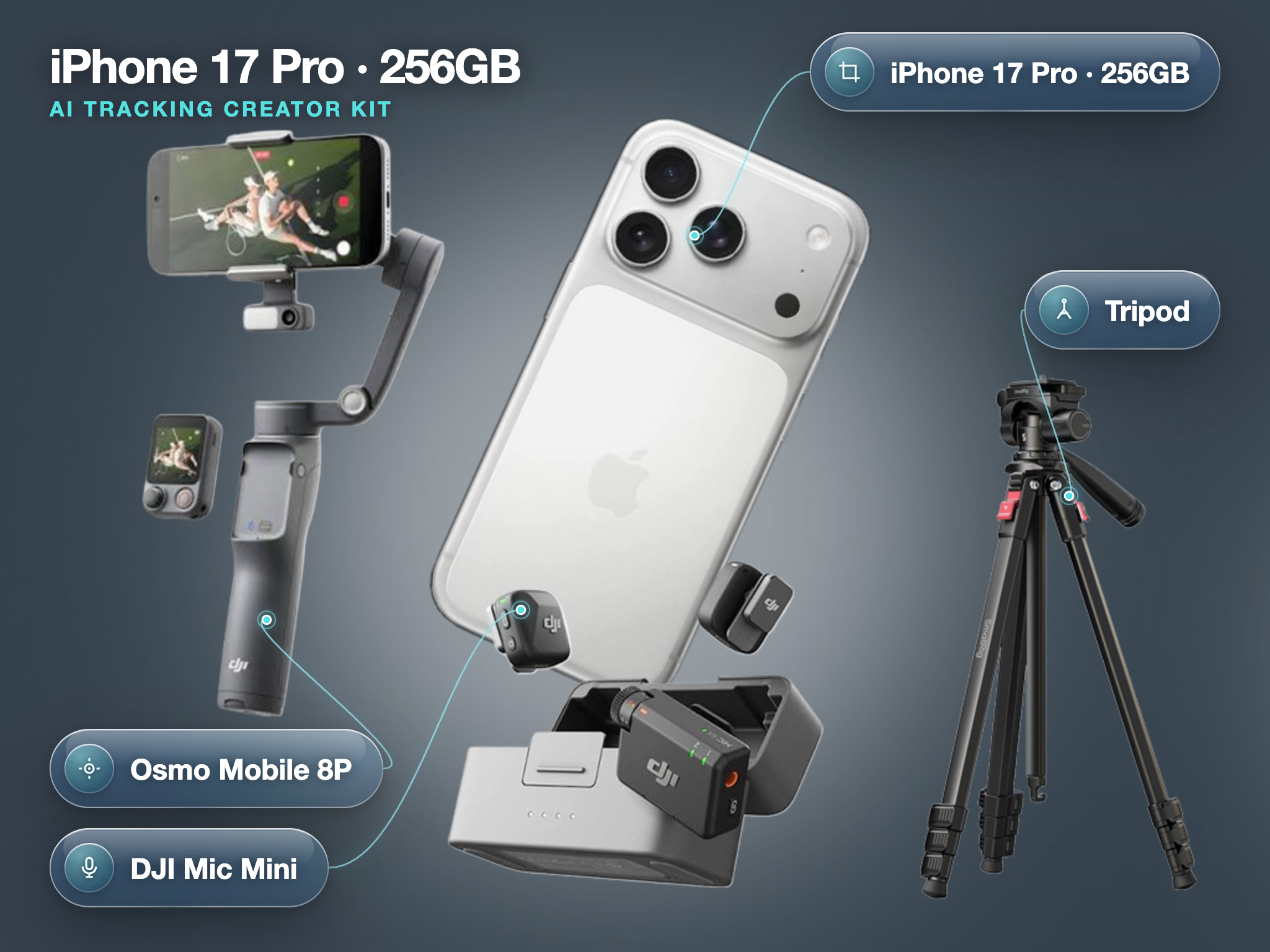 Iphone 17 pro 256gb plus dji mic mini, dji osmo mobile 8 and phone tripod