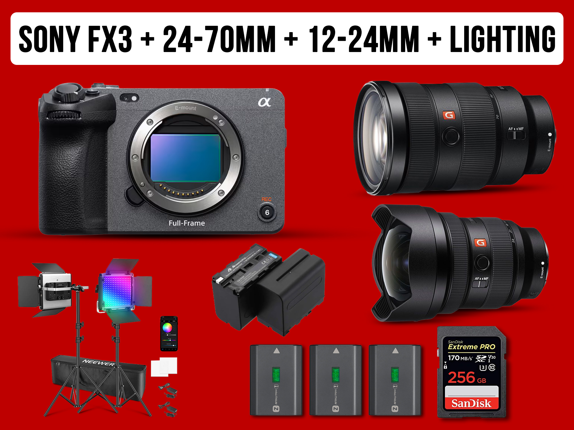 Sony fx3 full frame camera + 12-24mm g master zoom lens + 24-70mm g master zoom
