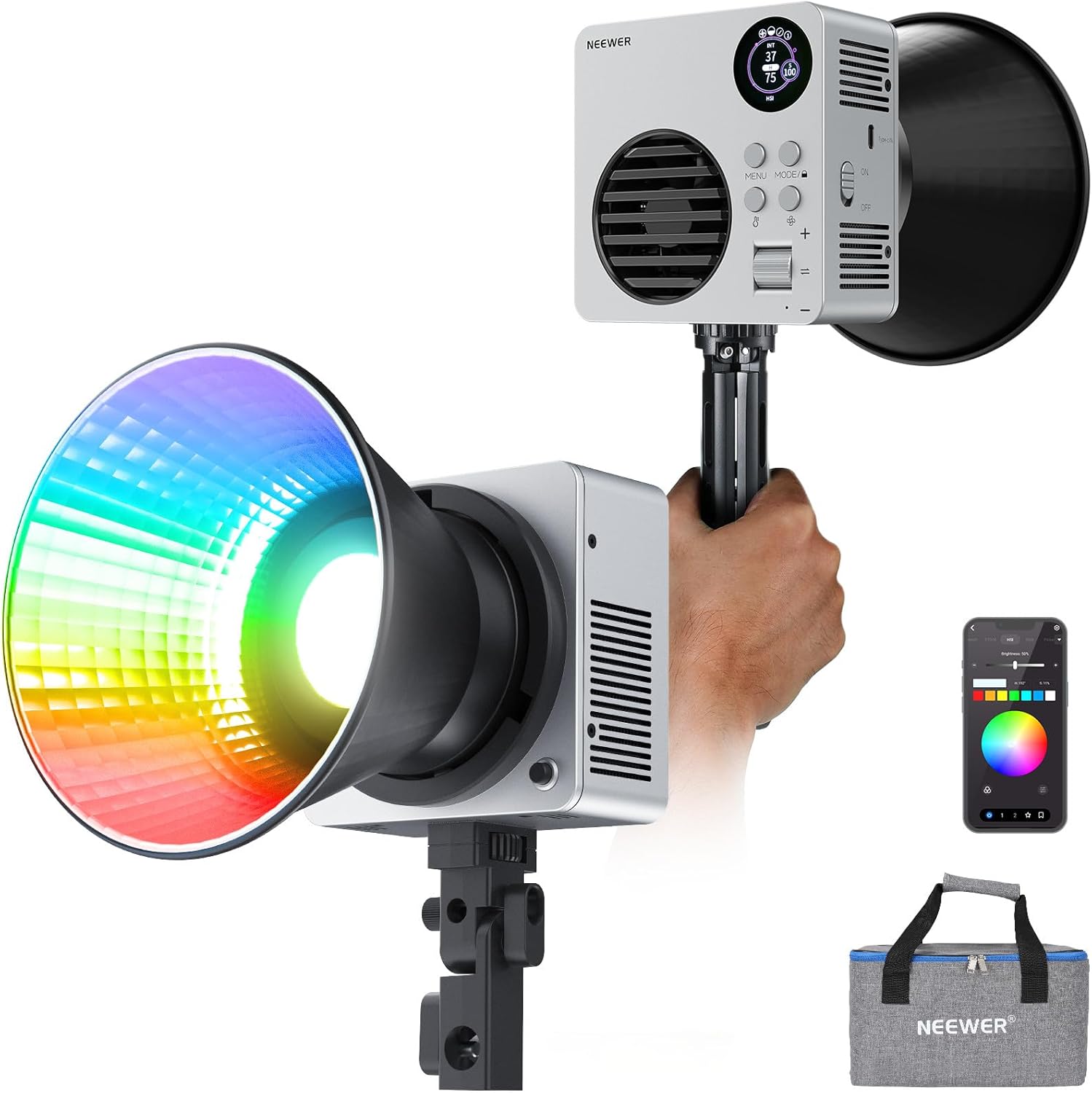 80w mini rgbww led (10400lux/m)  fixture with internal battery + light stand +