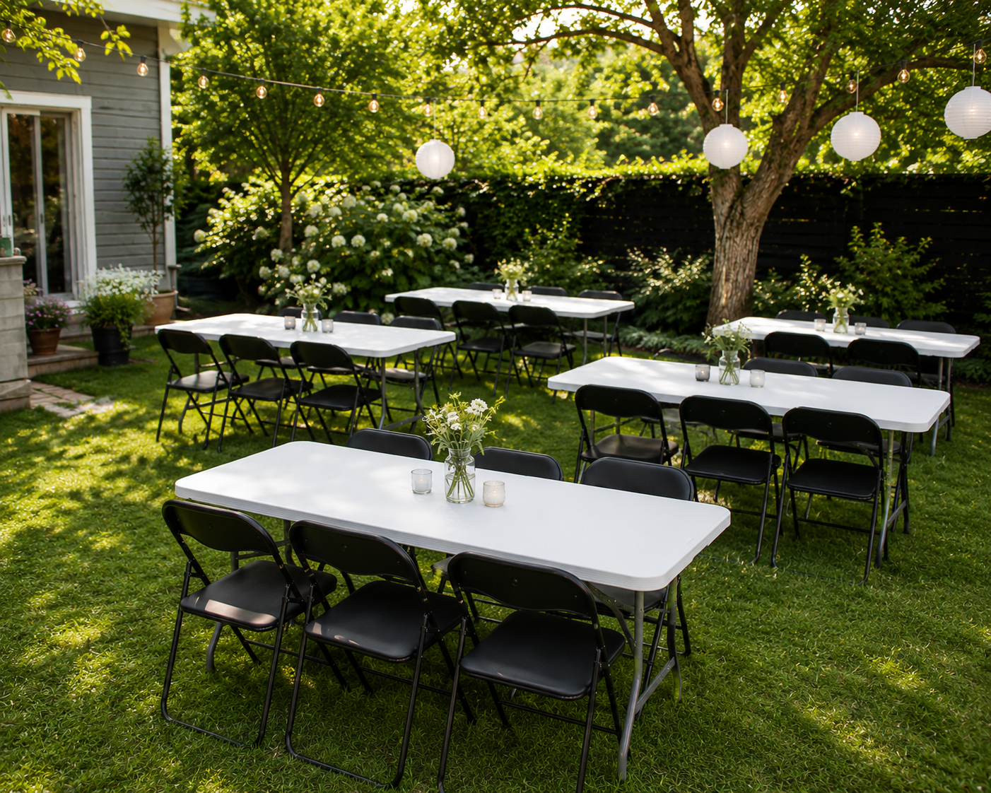 5 fällbara bord + 30 stolar uthyres – perfekt för fest & event