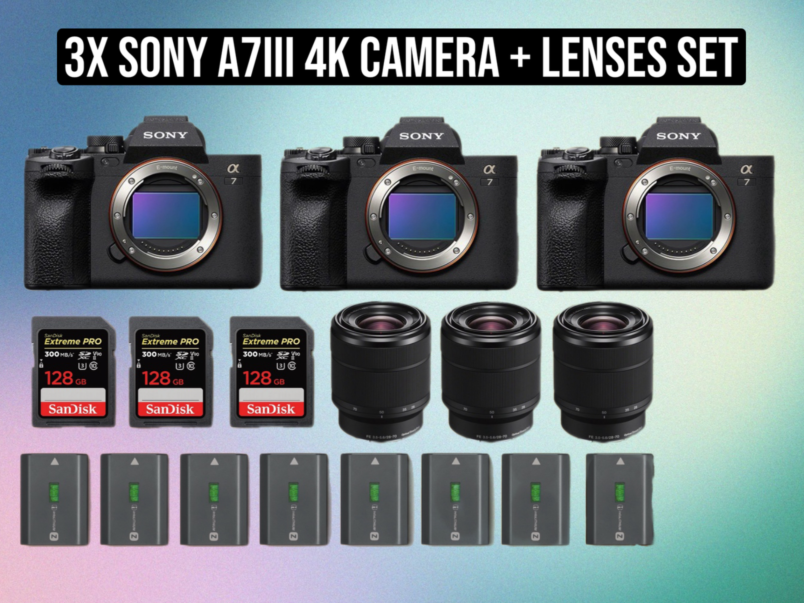 3x sony a7 iii 4k cameras + lens set – multi-cam production kit | a7iii a7 3 full frame mirrorless camera lenses video kit photography filmmaking multi setup zoom lens