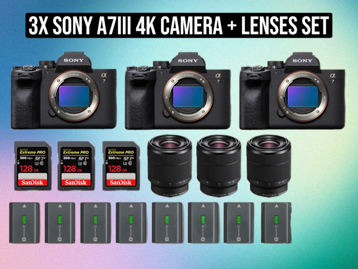 3x sony a7 iii 4k cameras + lens set – multi-cam production kit | a7iii a7 3 full frame mirrorless camera lenses video kit photography filmmaking multi setup zoom lens