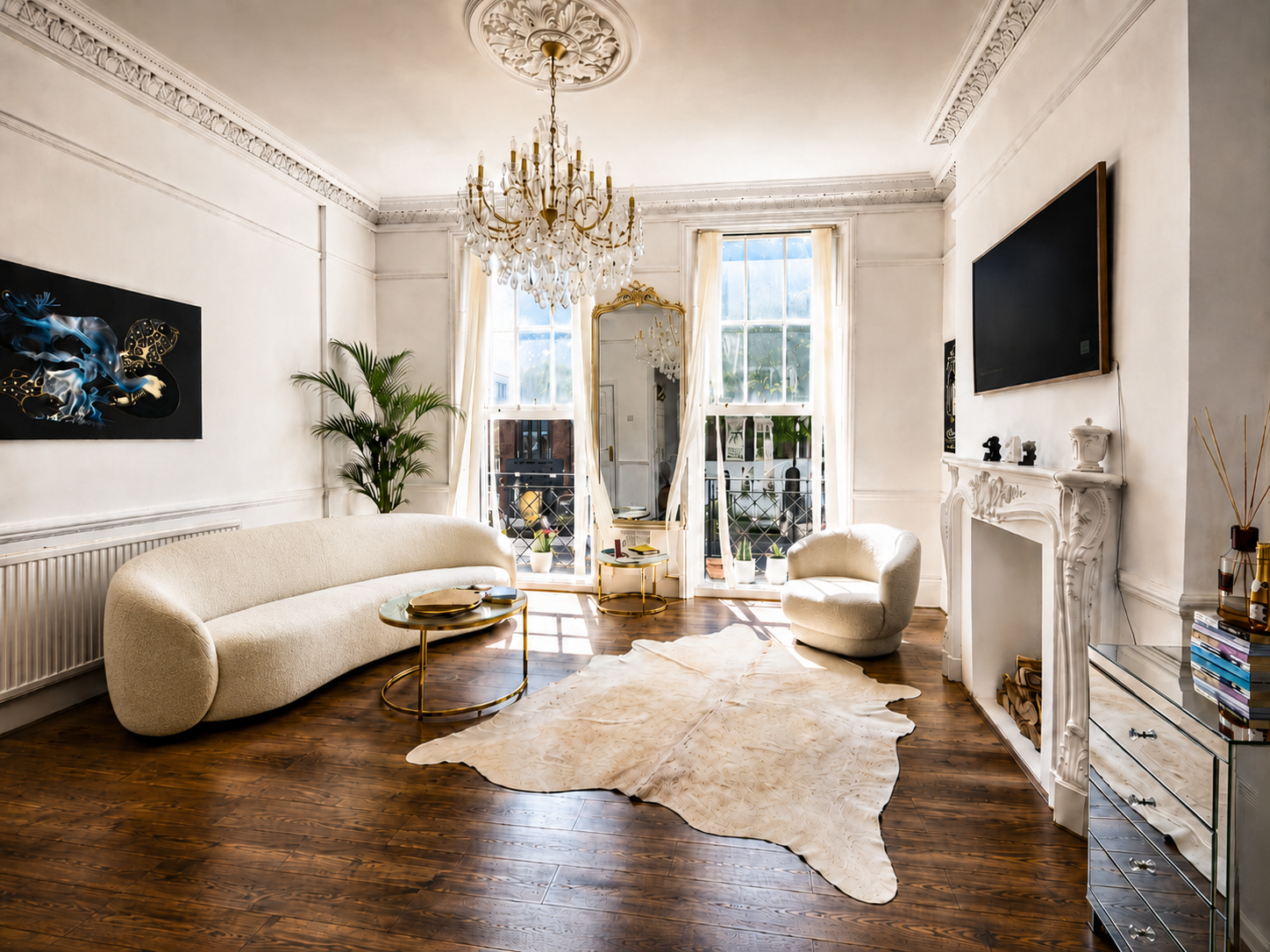 White georgian drawing room, high ceilings, huge windows