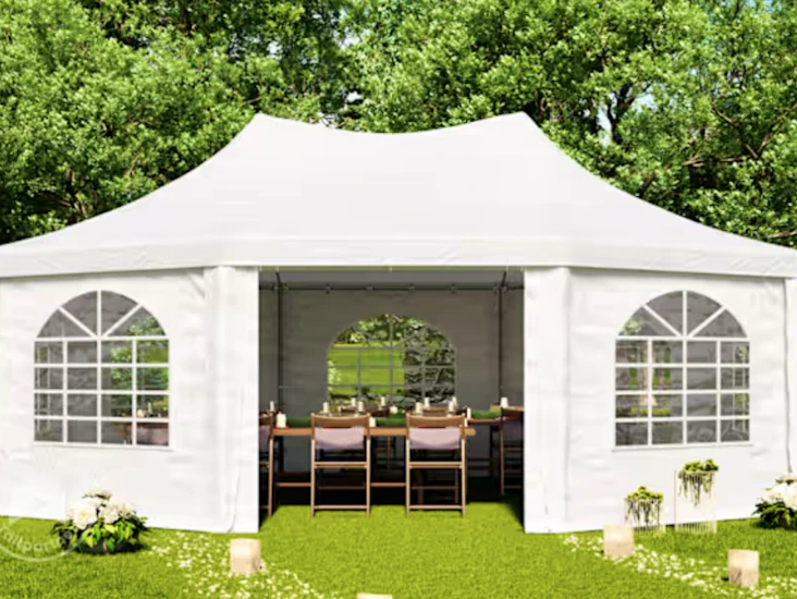 Åttakantigt, stilrent partytält 5x6,8 m (28 kvm), obs montering ingår!