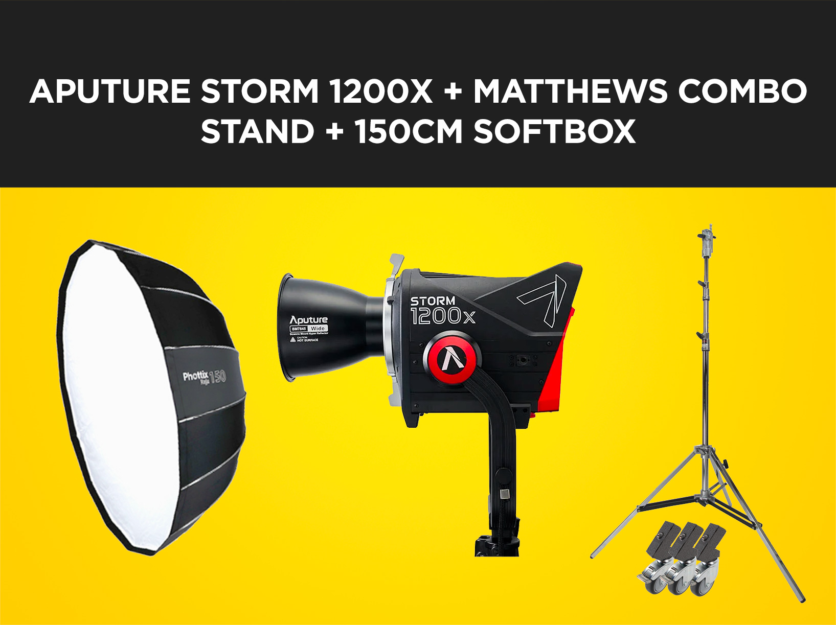 Aputure storm 1200x + matthews combo stand + softbox + reflectors