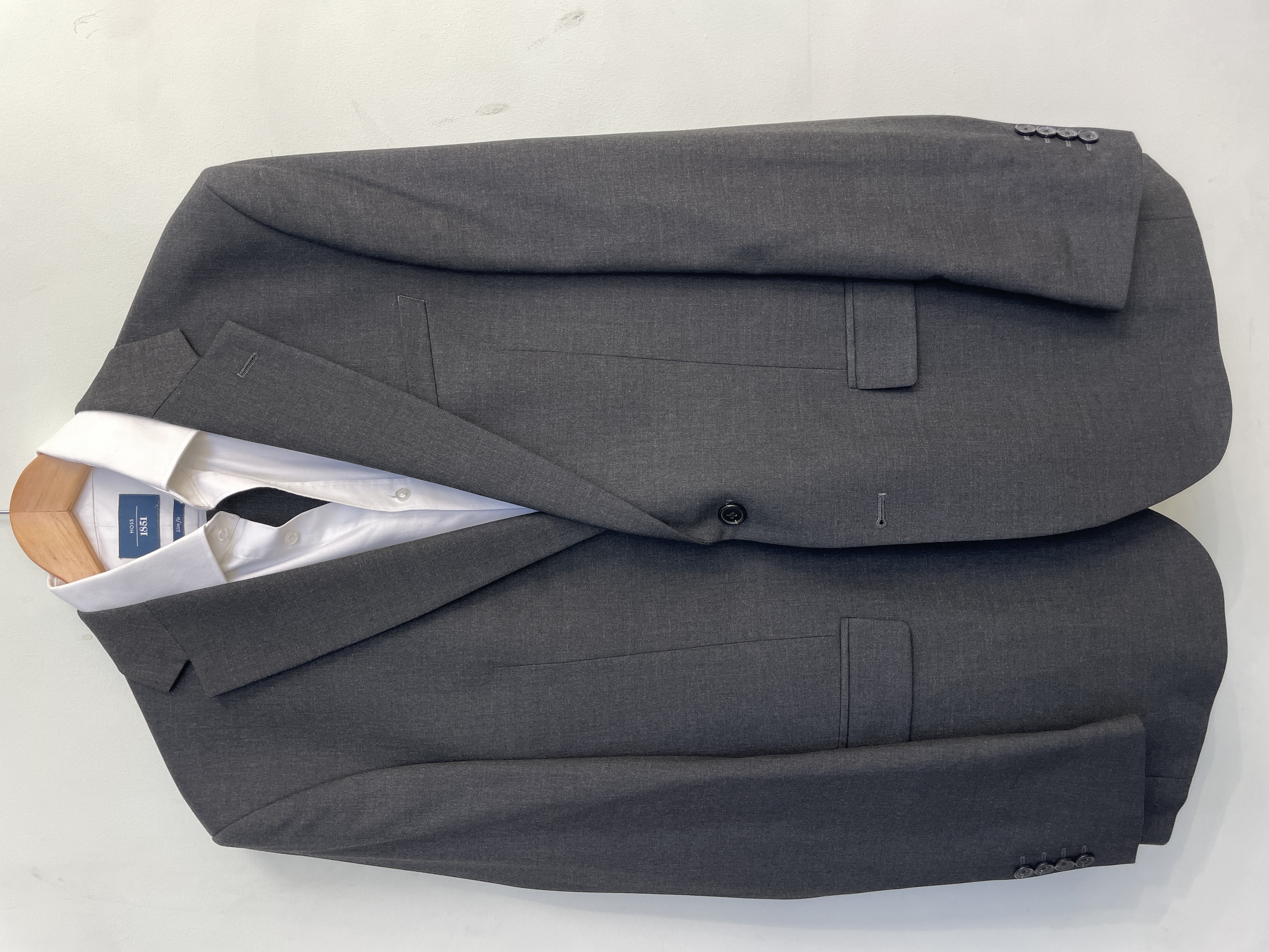 Men’s charcoal grey 2 piece suit with double cuff white shirt