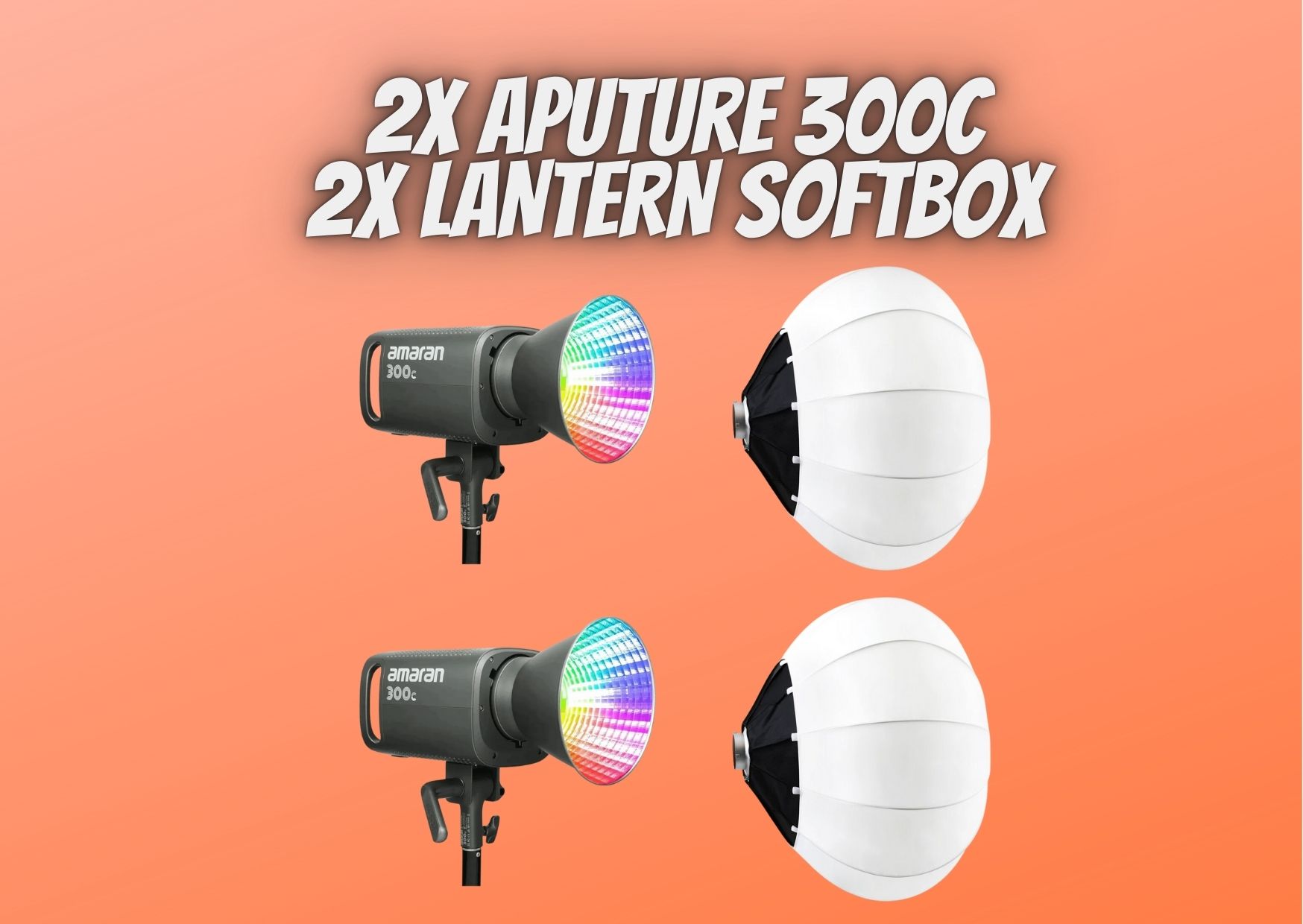 2x aputure amaran 300c  + 2x lantern softbox rgbww cob led video continuous lighting 300w cct 2500k-7500k bowens mount point-source led 26,580 