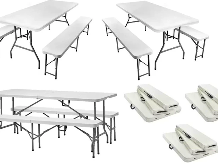 3 st hopfällbara bord + 6 bänkar