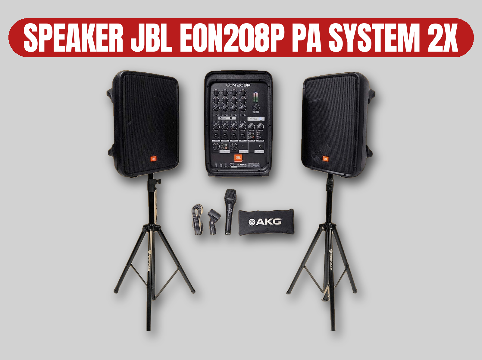 Jbl eon208p pa system | 2x speakers, mixer, mics & stands