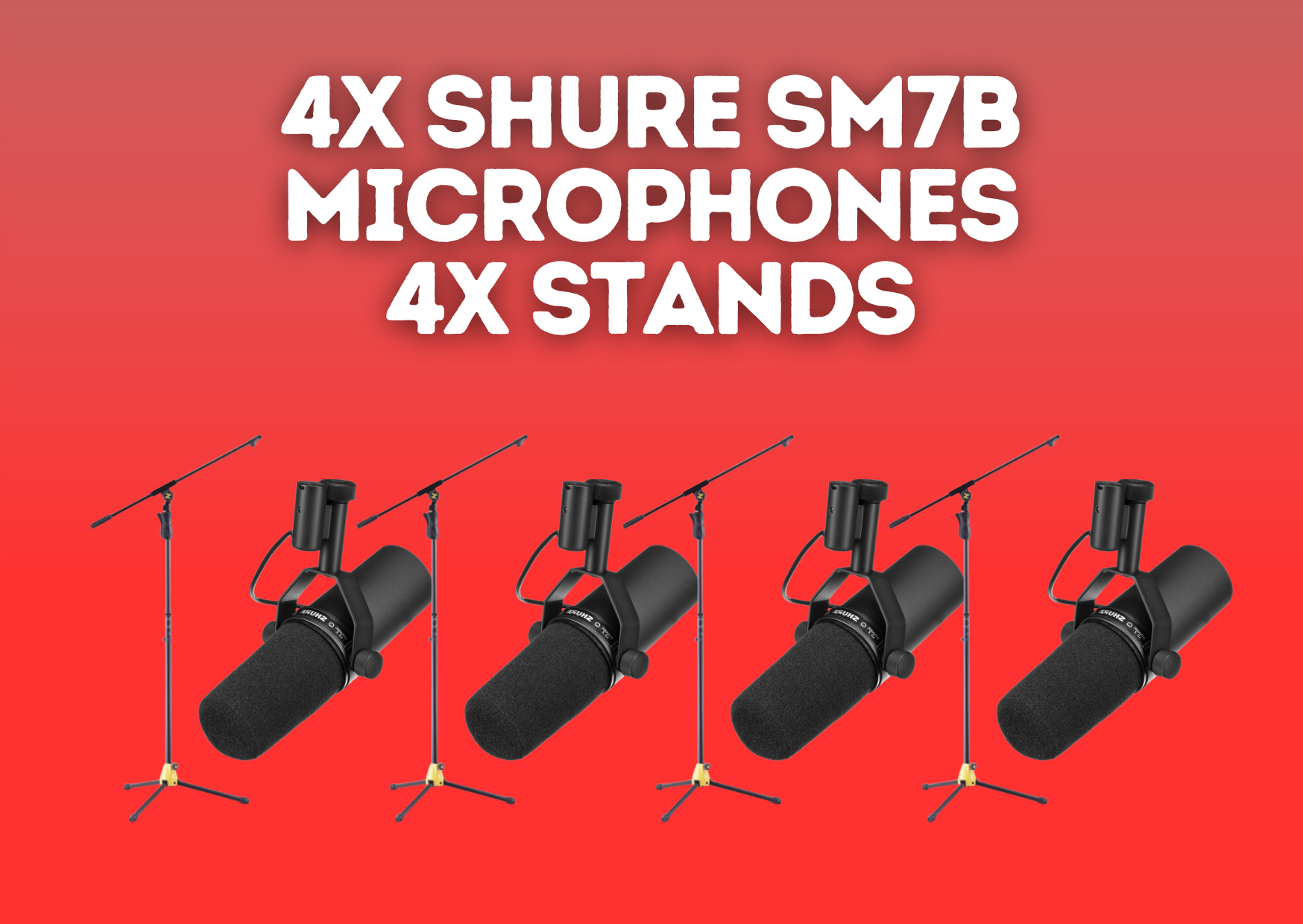 4x shure sm7b dynamic studio microphones + stands
