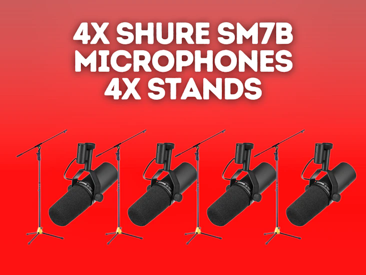 4x shure sm7b dynamic studio microphones + stands