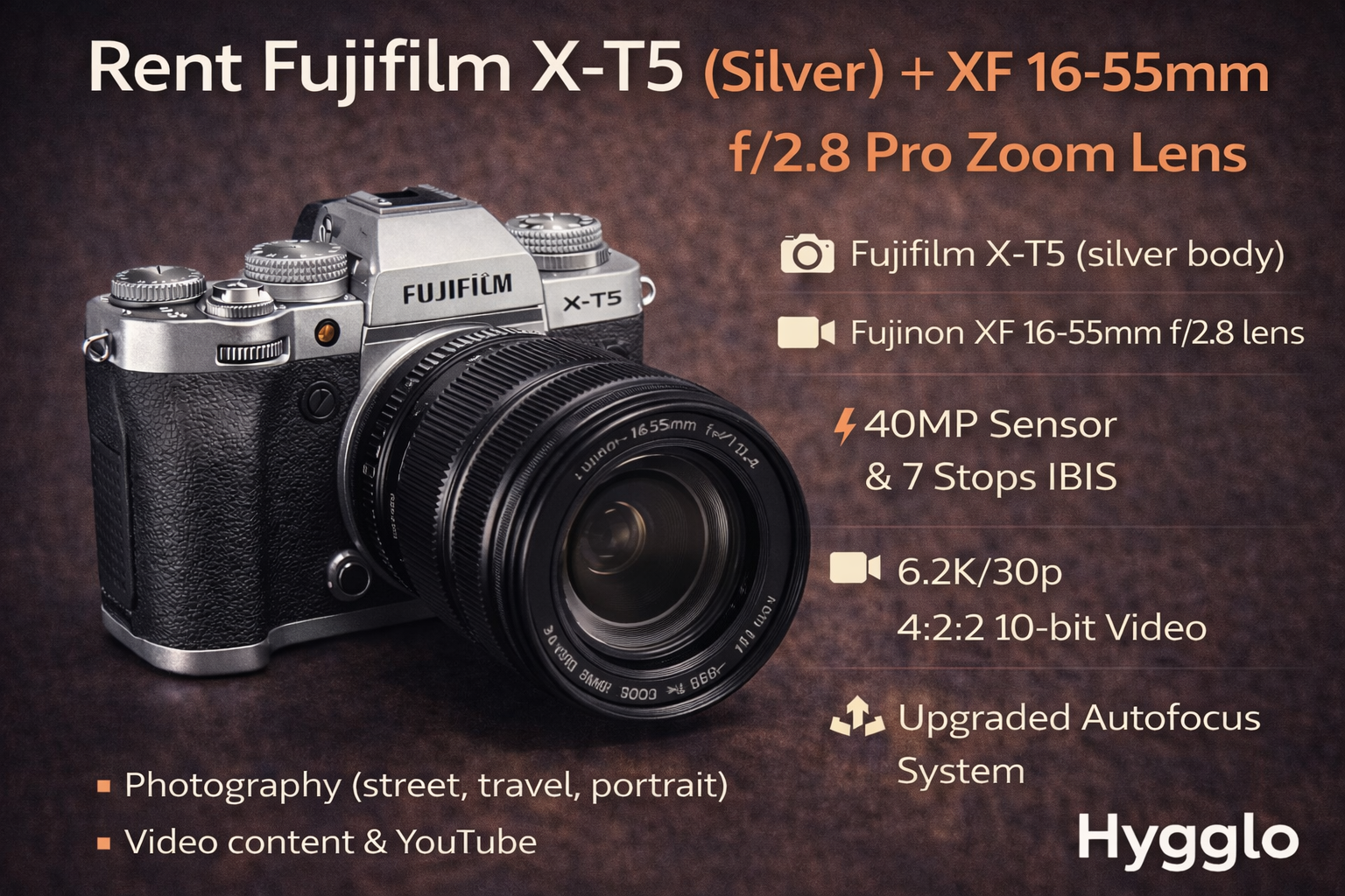 Fujifilm x-t5 (silver) + fujinon xf 16–55mm f/2.8 – professional camera setup