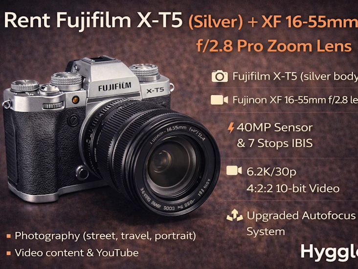 Fujifilm x-t5 (silver) + fujinon xf 16–55mm f/2.8 – professional camera setup
