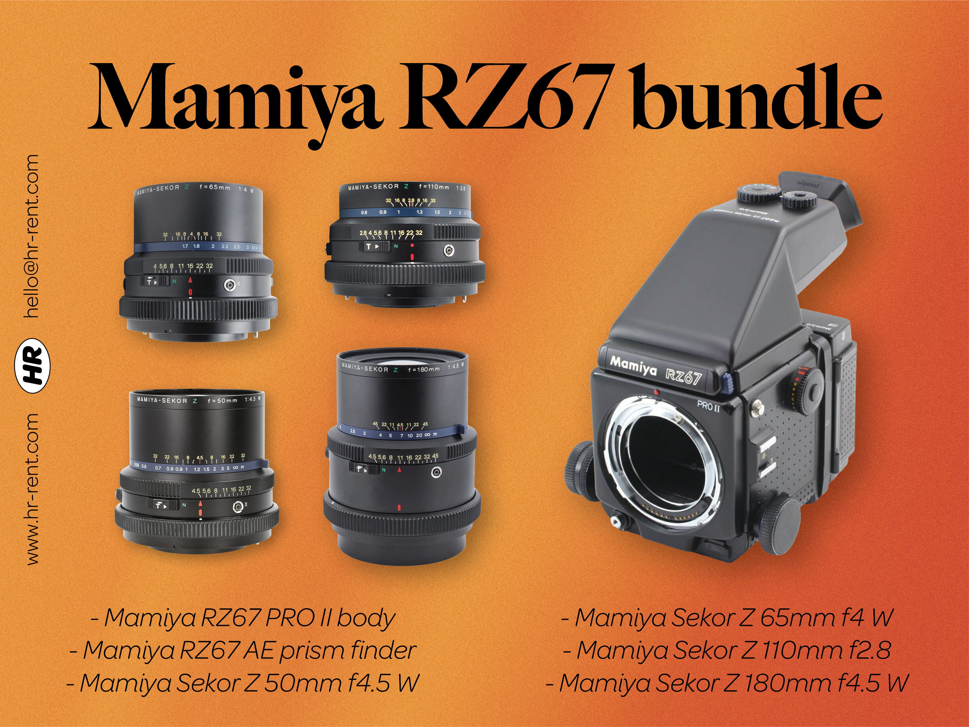 Mamiya rz67 pro ii body + sekor z  50mm f4.5 w + 65mm f4 w + 110mm f2.8 + sekor z 180mm f4.5 w lenses
